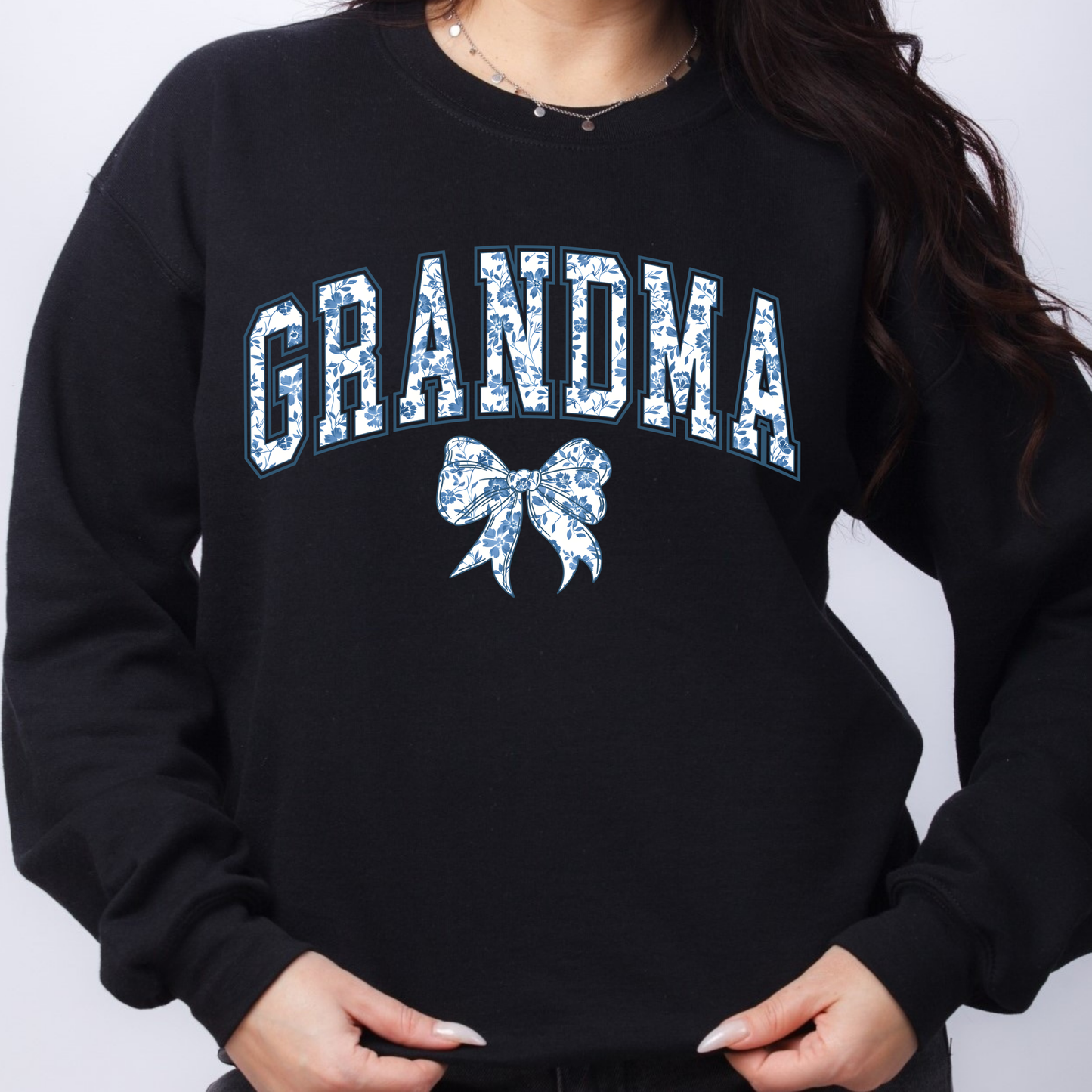 Blue Coquette Personalised Blue Floral Bows Jumper. Mum, Grandma, Auntie, Gigi, Nanny Jumper