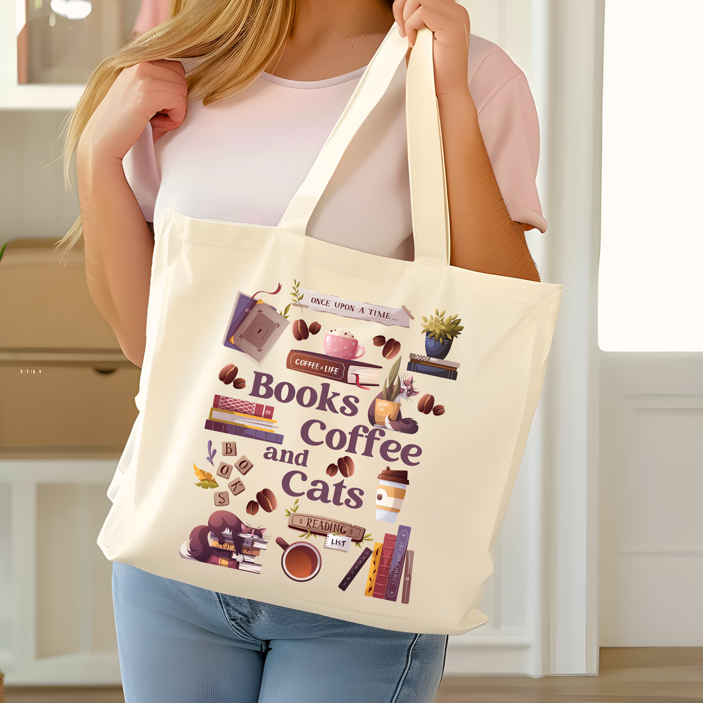 Books Coffee/ Tea & Cats Tote Bag