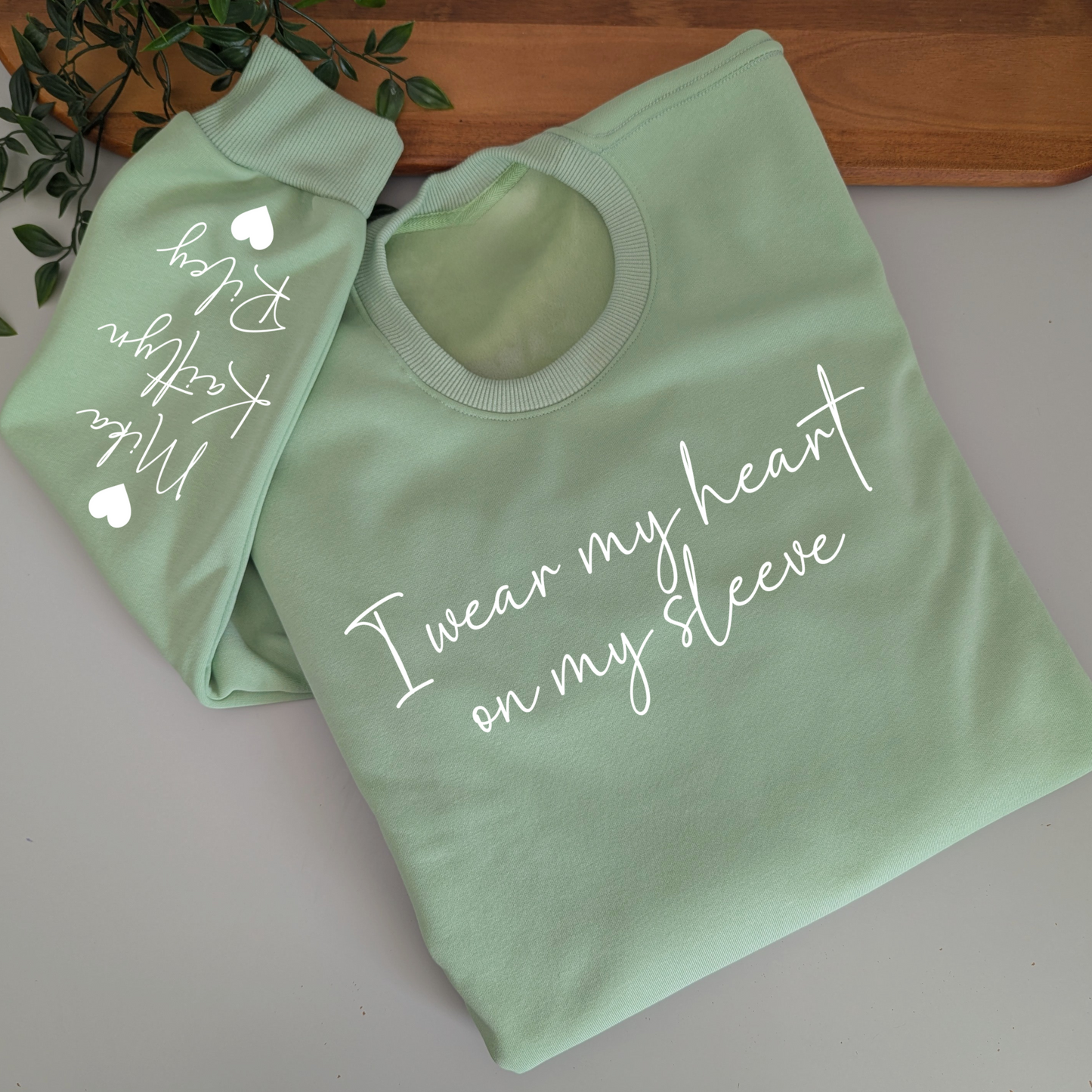 I wear my heart on my sleeve women's fleece jumper, mum sweatshirt, mothers day gift, personalised jumper, names on sleeve, mum sweater, mum jumper