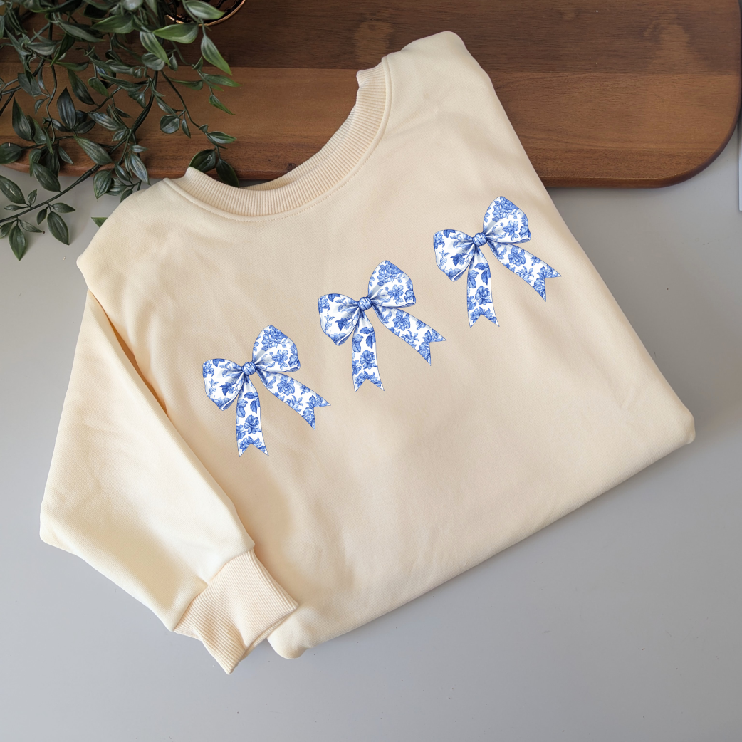 Antique Style Coquette Chinoiserie Blue Floral Bow Jumper