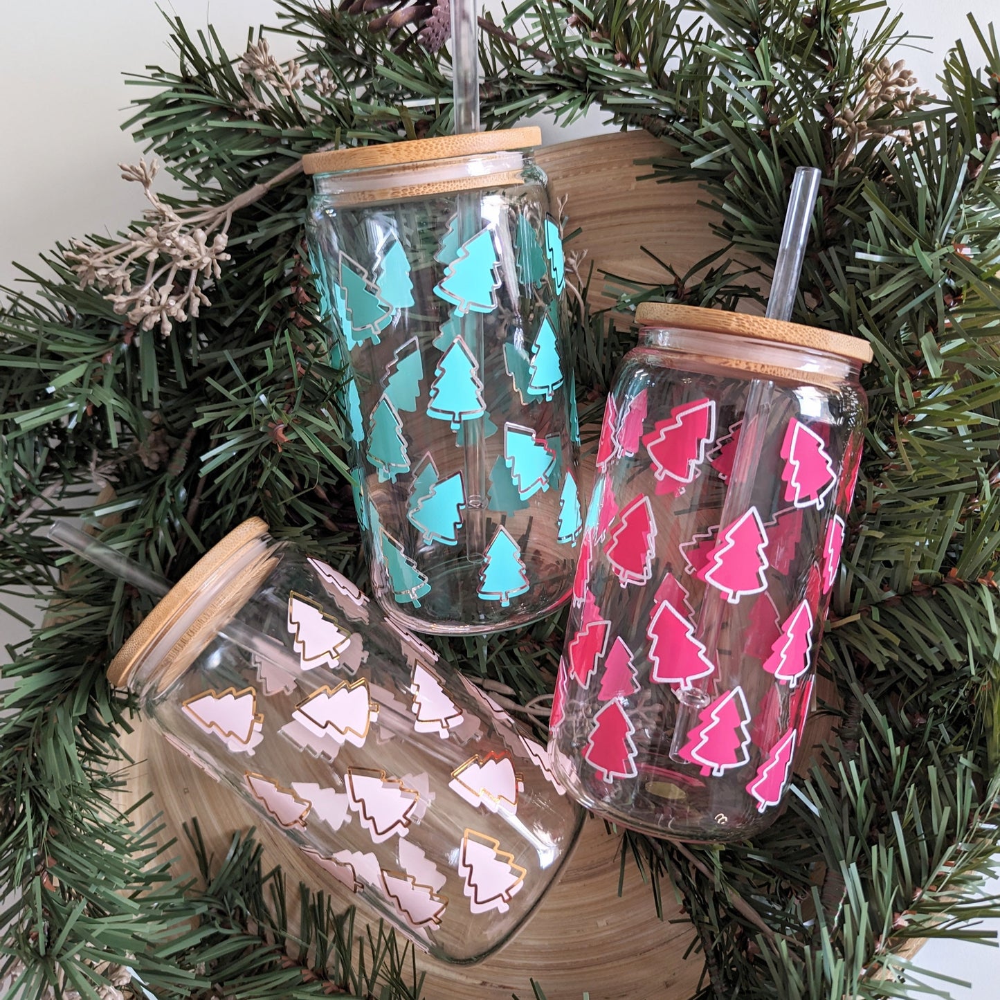 Mini Christmas Trees 16oz glass can cup or 17oz glass mug with bamboo lid & reusable straw. Pastel pink, Gold. Teal Tree. Christmas gift.