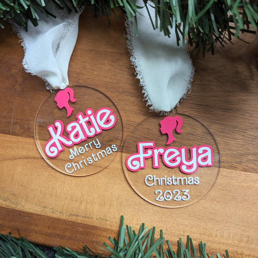 Barbie theme Personalised Christmas Tree Ornament. 7.5cm clear disc. Pink & Glitter White custom ornament. Christmas gift.