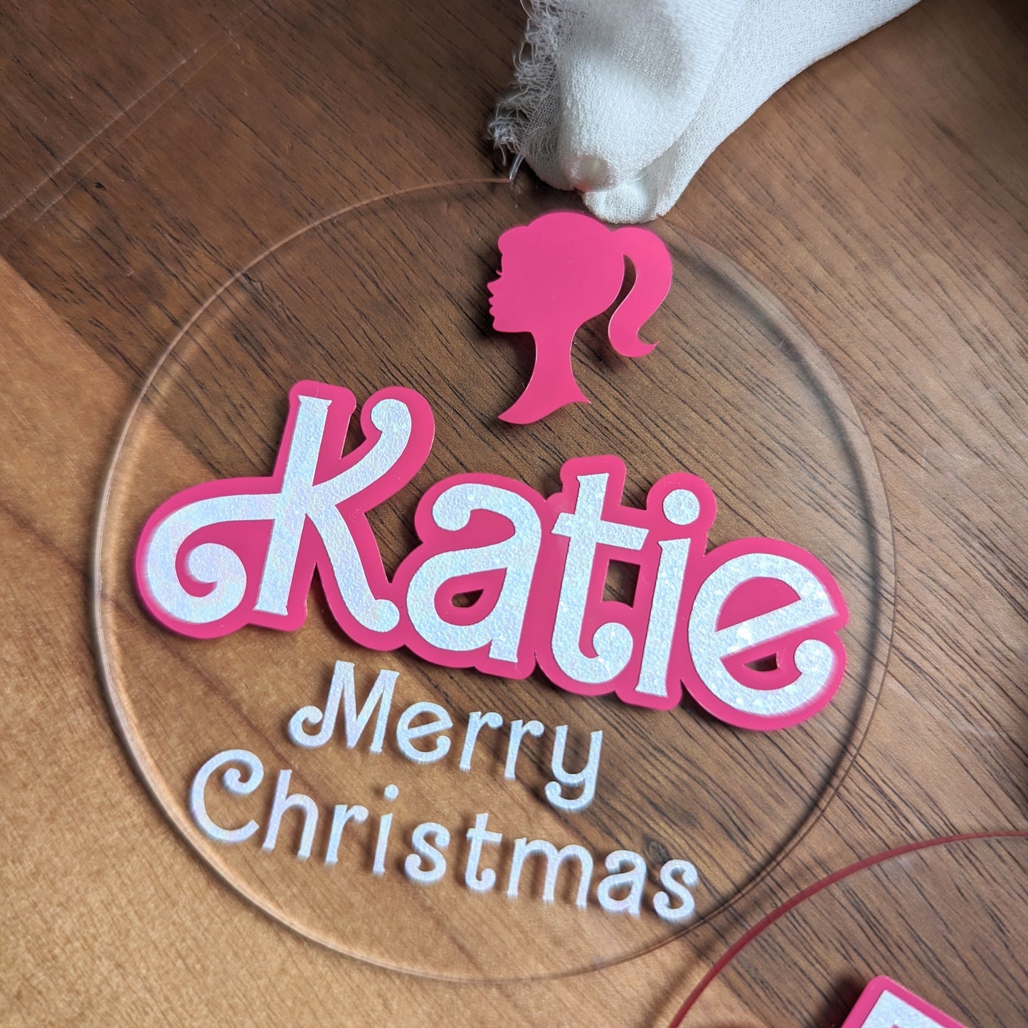 Barbie theme Personalised Christmas Tree Ornament. 7.5cm clear disc. Pink & Glitter White custom ornament. Christmas gift.