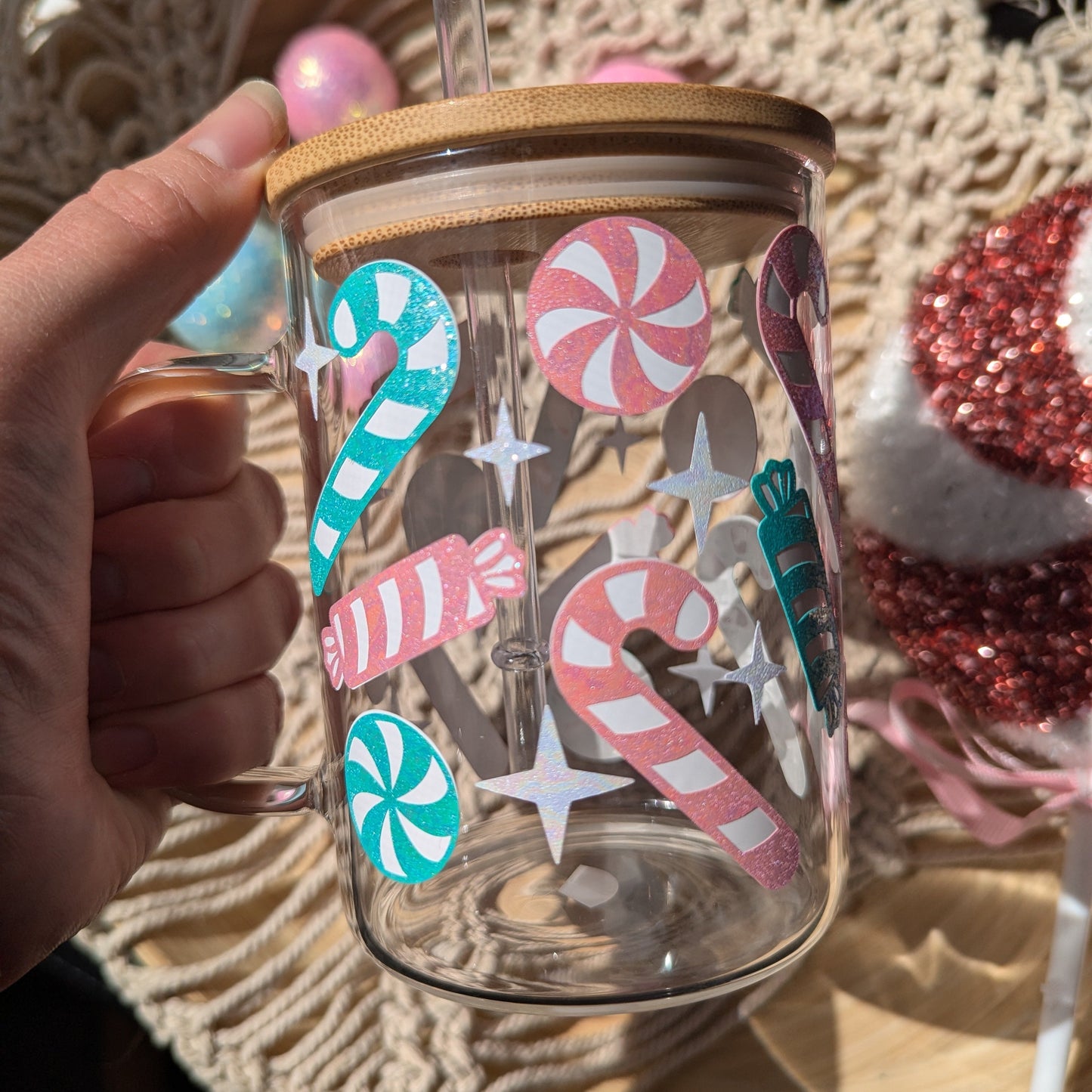 Christmas Candyland Pastel pink, mint and white glittery finish 16oz glass or acrylic cup or 17oz glass mug. Festive iced coffee cup.
