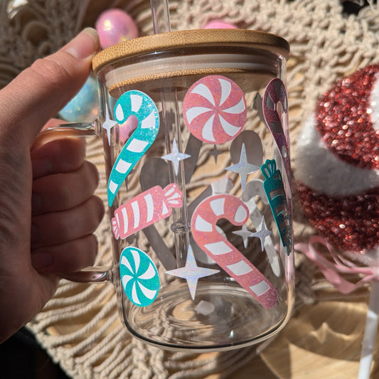Christmas Candyland Pastel pink, mint and white glittery finish 16oz glass or acrylic cup or 17oz glass mug. Festive iced coffee cup.