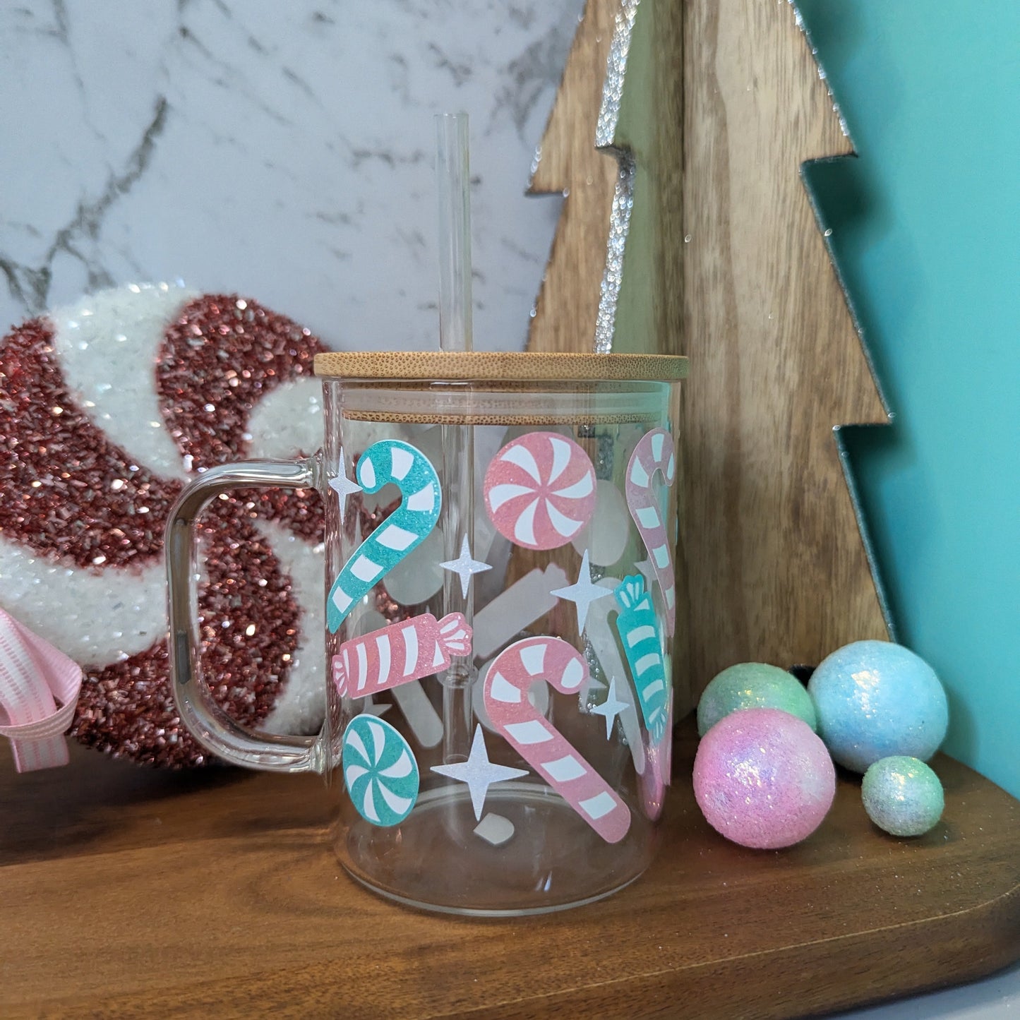 Christmas Candyland Pastel pink, mint and white glittery finish 16oz glass or acrylic cup or 17oz glass mug. Festive iced coffee cup.