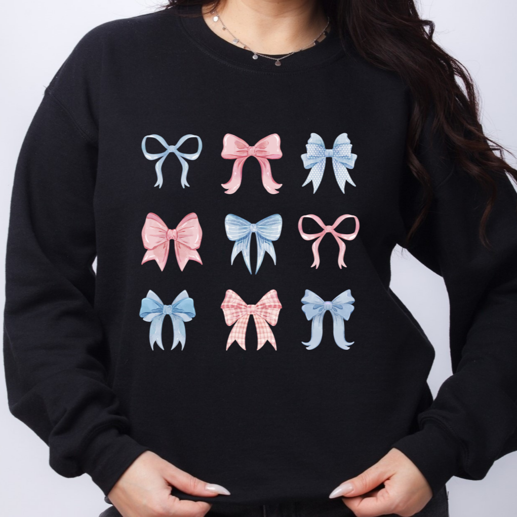 Pastel watercolour bows cute fleece women's jumper. Soft fleece want jumper. Denim Blue or cream jumper. Girly bows.