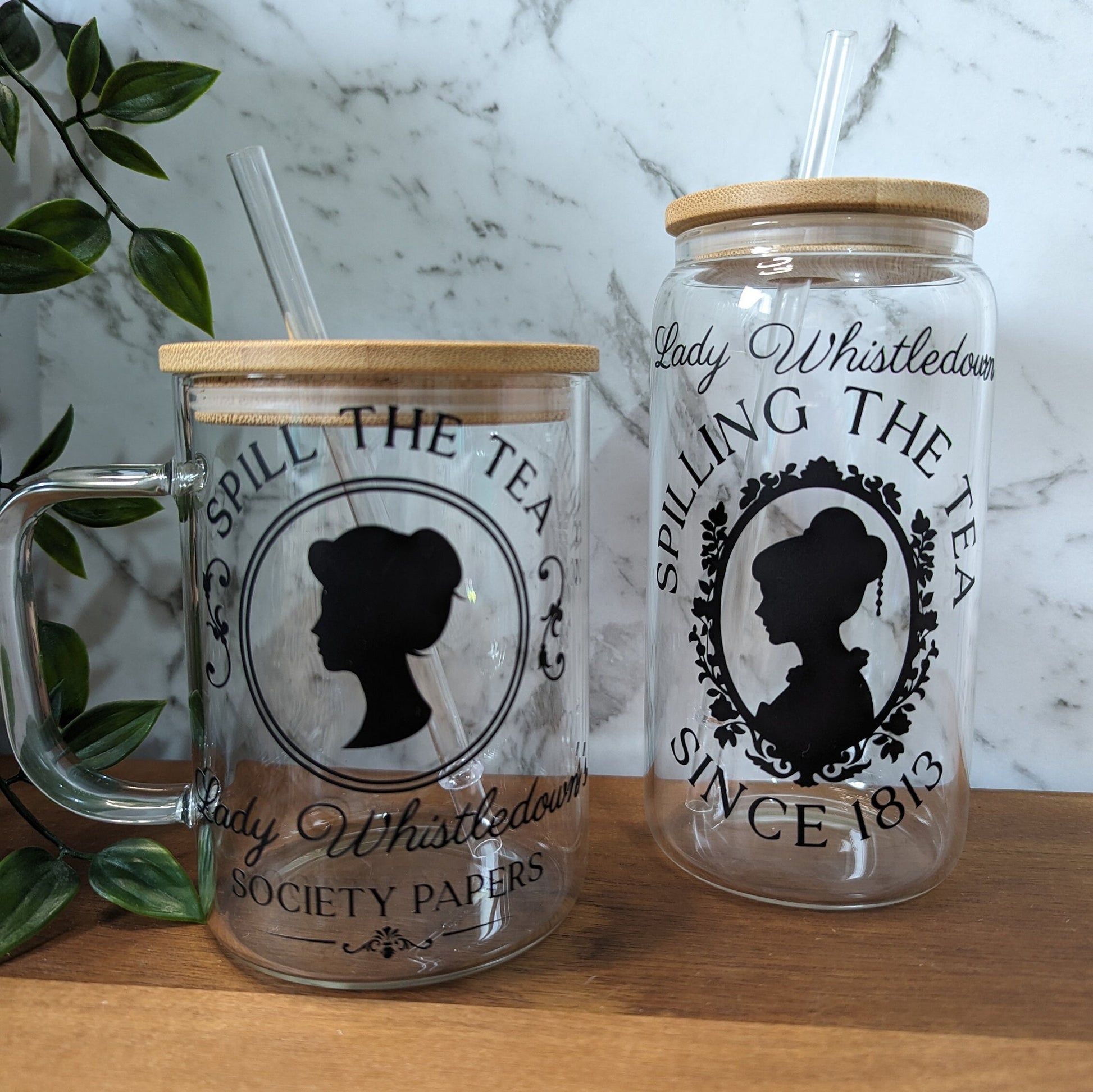 Lady Whistledown Spill the Tea Society Pages Bridgerton theme on 16oz glass cup or 17oz glass mug with bamboo lid & straw. Bridgerton cup