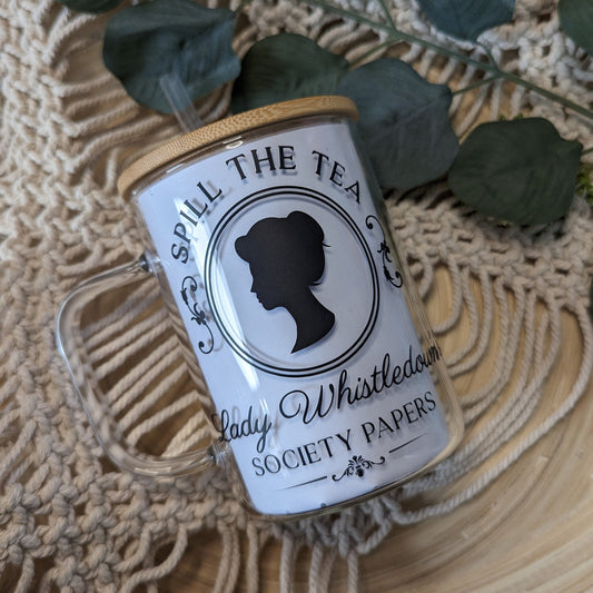 Lady Whistledown Spill the Tea Society Pages Bridgerton theme on 16oz glass cup or 17oz glass mug with bamboo lid & straw. Bridgerton cup