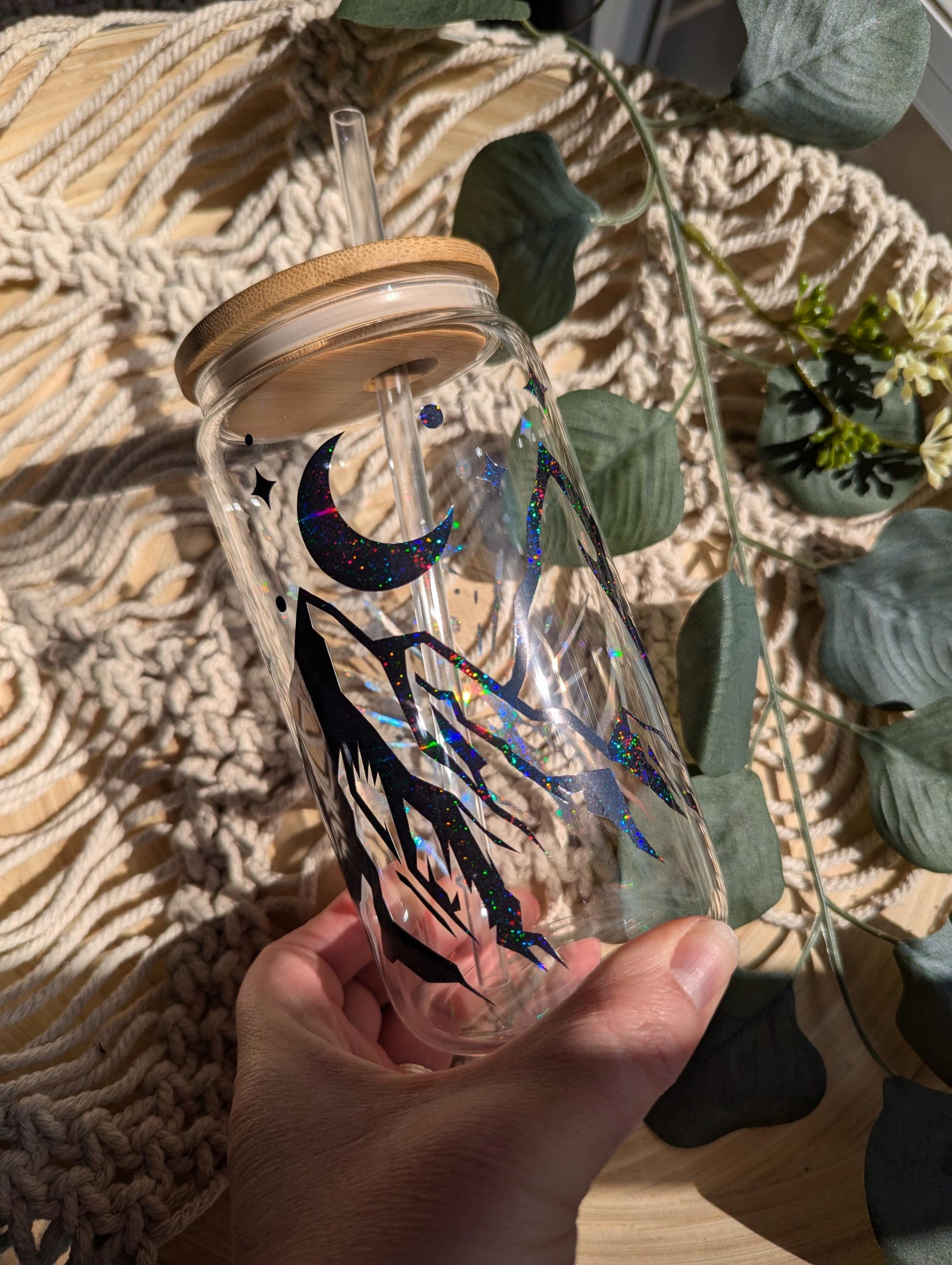 ACOTAR Valaris City of Starlight shimmering finish theme 16oz glass cup or 17oz glass mug with bamboo lid and reusable plastic straw.