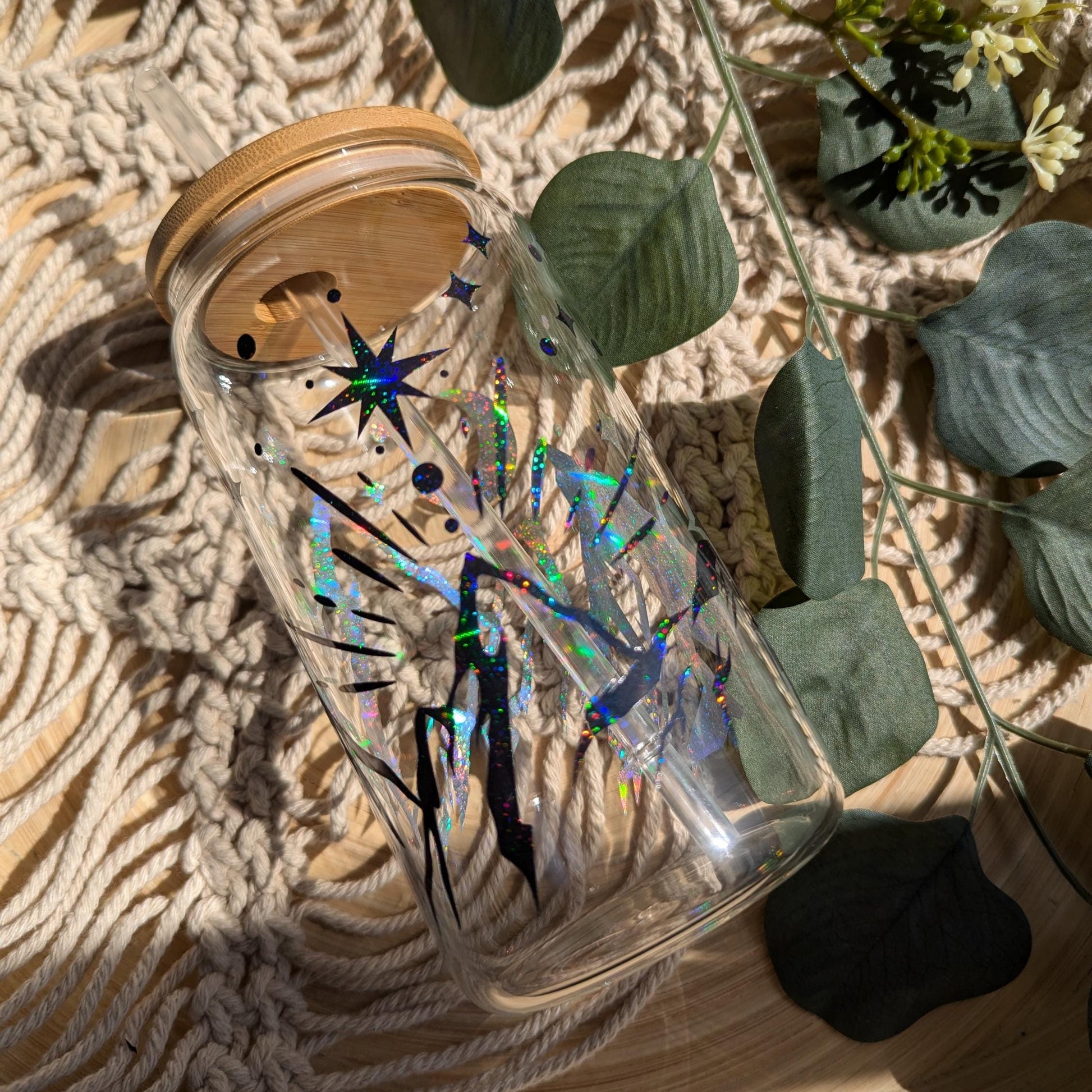 ACOTAR Valaris City of Starlight shimmering finish theme 16oz glass cup or 17oz glass mug with bamboo lid and reusable plastic straw.