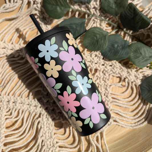 Pastel floral insulated tumbler with screw on lid & reusable straw. Cute iced coffee keep cup. Vinyl decal design tumbler.