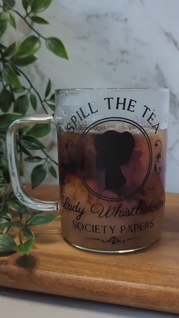 Lady Whistledown Spill the Tea Society Pages Bridgerton theme on 16oz glass cup or 17oz glass mug with bamboo lid & straw. Bridgerton cup