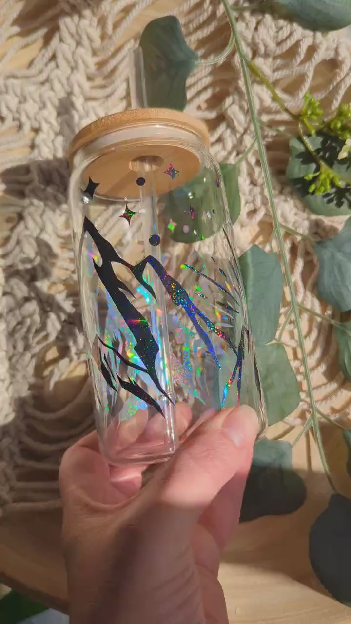 ACOTAR Valaris City of Starlight shimmering finish theme 16oz glass cup or 17oz glass mug with bamboo lid and reusable plastic straw.