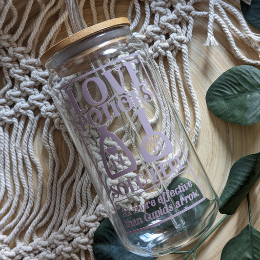 Old world Love Potion 16oz glass cup or 17oz glass mug with bamboo lid & reusable straw - Antique Purple coffee mug. Gift. Love potion.