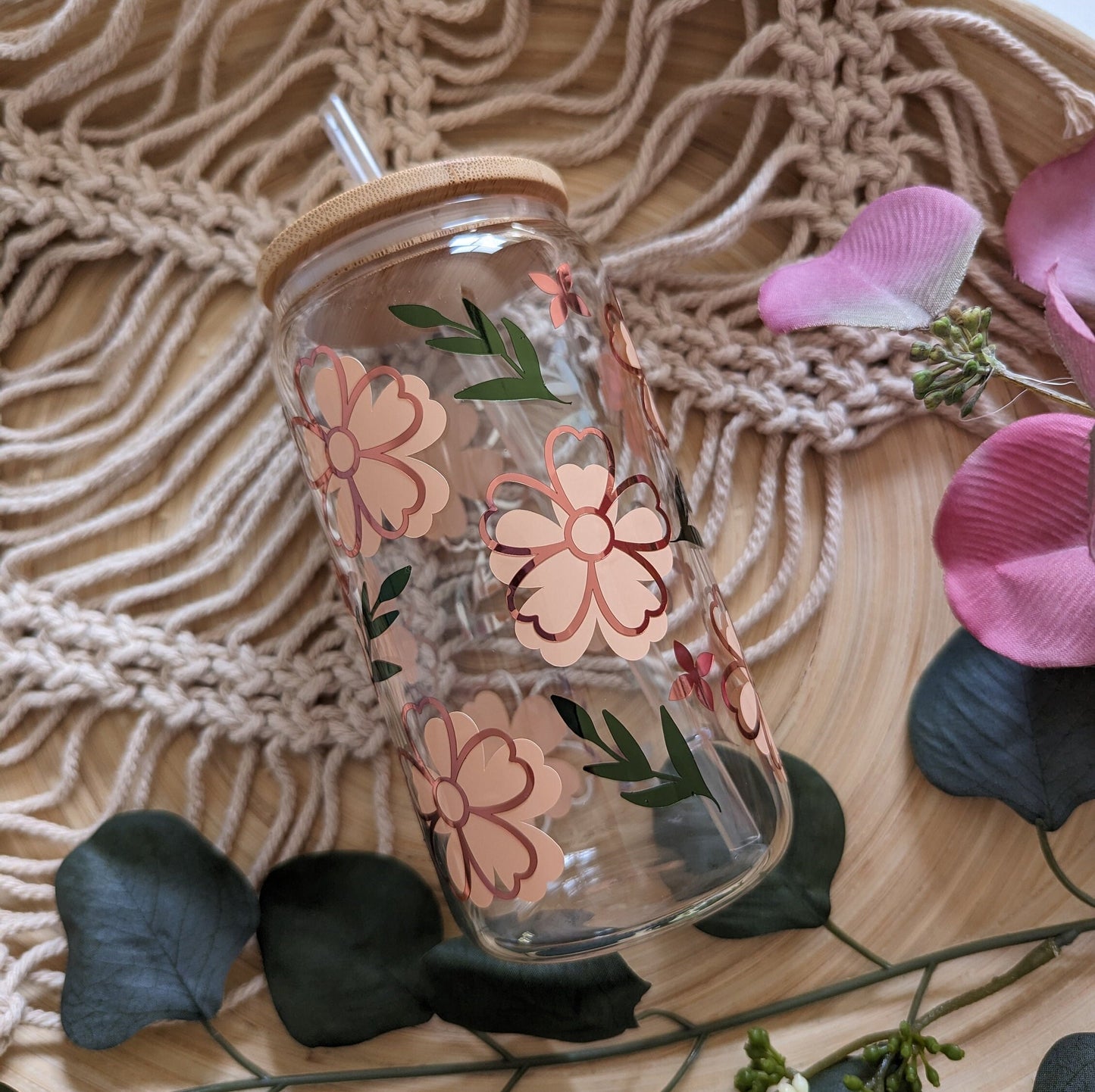 Boho cute flower 16oz glass can cup or 17oz glass mug with bamboo lid & reusable straw. Clear or frosted. Cute iced coffee cup. Iced tea