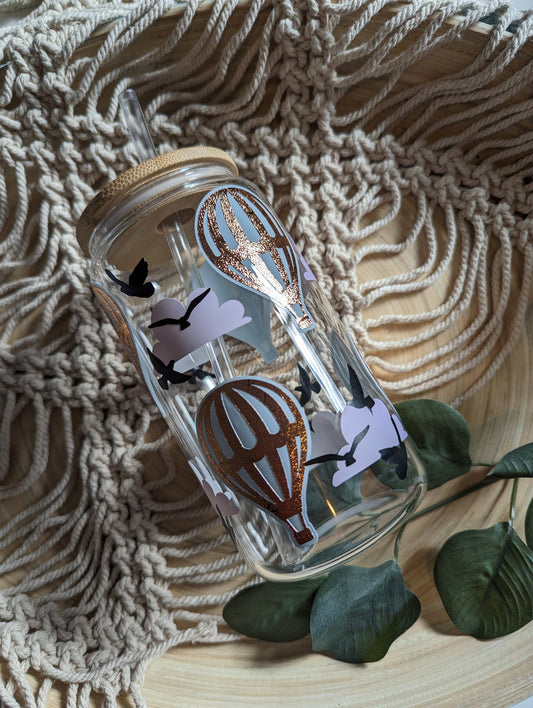 Hot air balloon theme 16oz glass can cup with bamboo lid & reusable straw. Iced coffee cup. Cute coffee glass can cup.