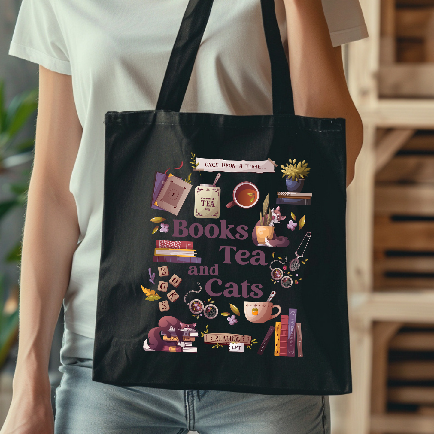 Books Coffee/ Tea & Cats Tote Bag