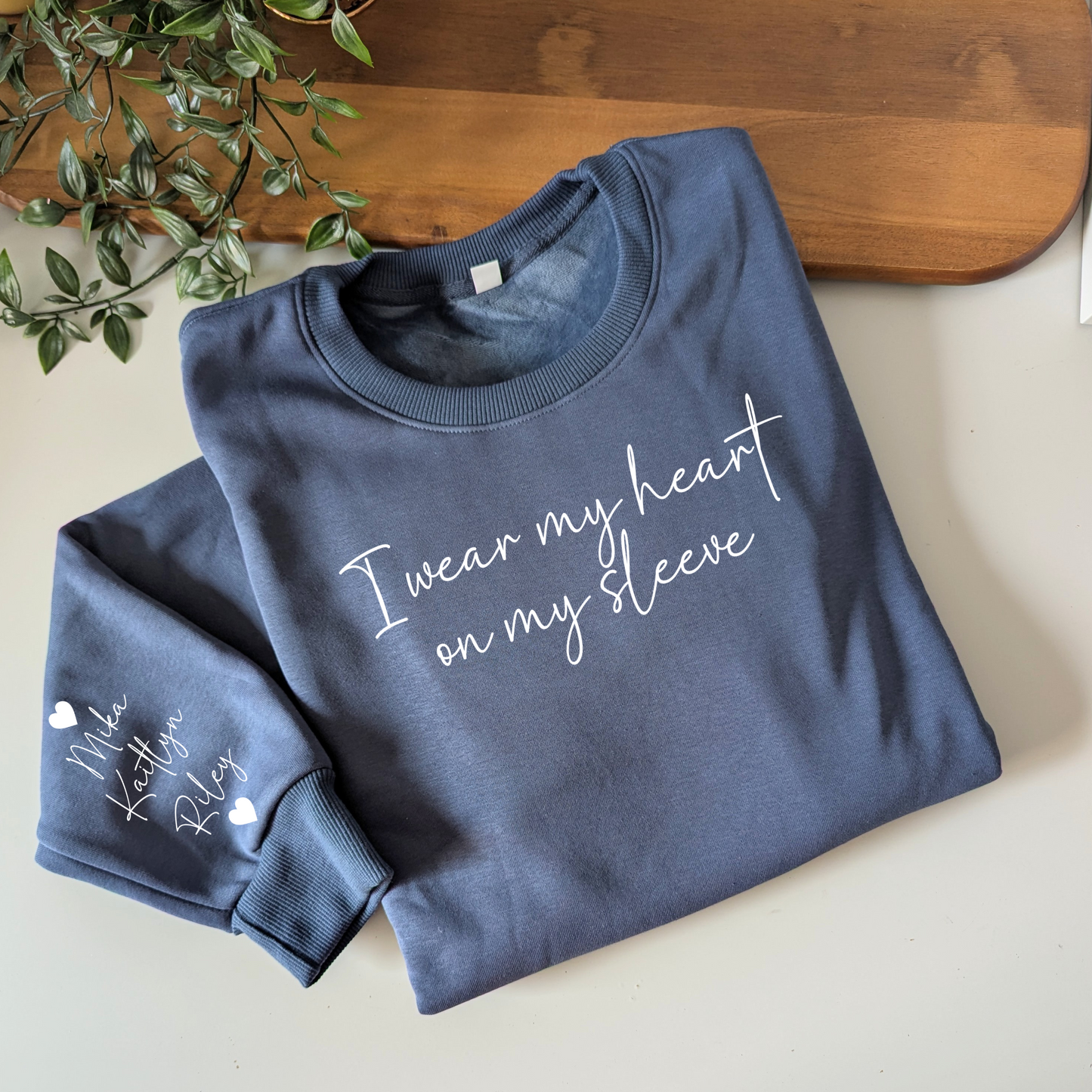 I wear my heart on my sleeve women's fleece jumper, mum sweatshirt, mothers day gift, personalised jumper, names on sleeve, mum sweater, mum jumper