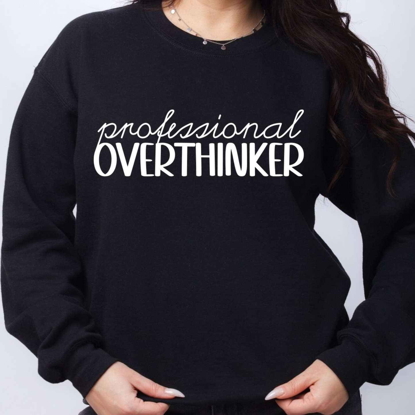 Professional Overthinker womens crewneck jumper. Indigo blue fleece jumper with white decal