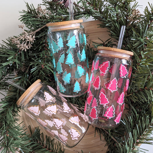 Mini Christmas Trees 16oz glass can cup or 17oz glass mug with bamboo lid & reusable straw. Pastel pink, Gold. Teal Tree. Christmas gift.
