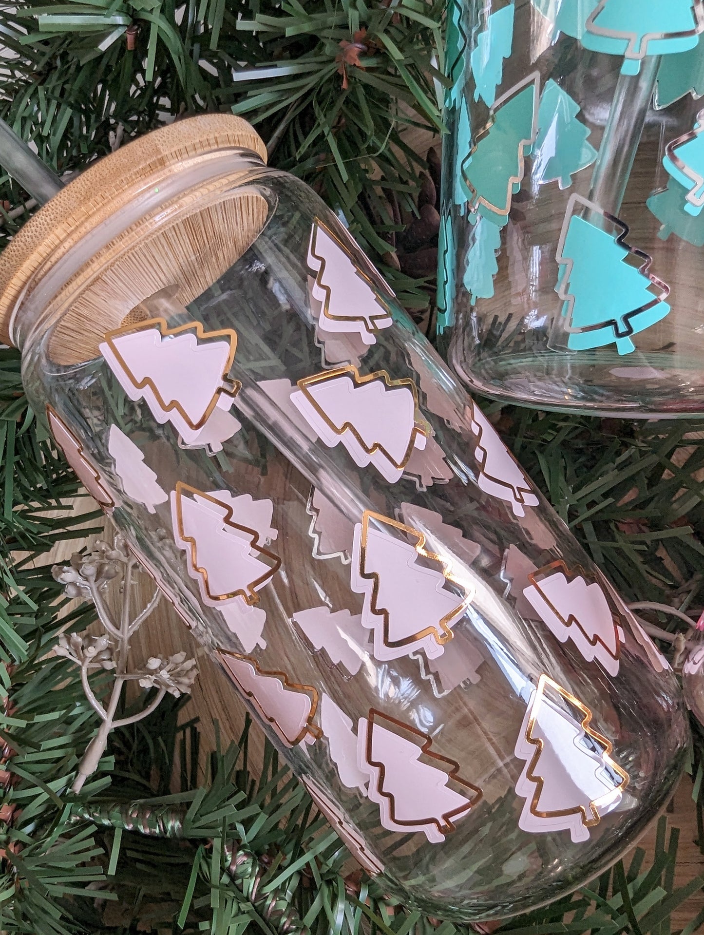 Mini Christmas Trees 16oz glass can cup or 17oz glass mug with bamboo lid & reusable straw. Pastel pink, Gold. Teal Tree. Christmas gift.