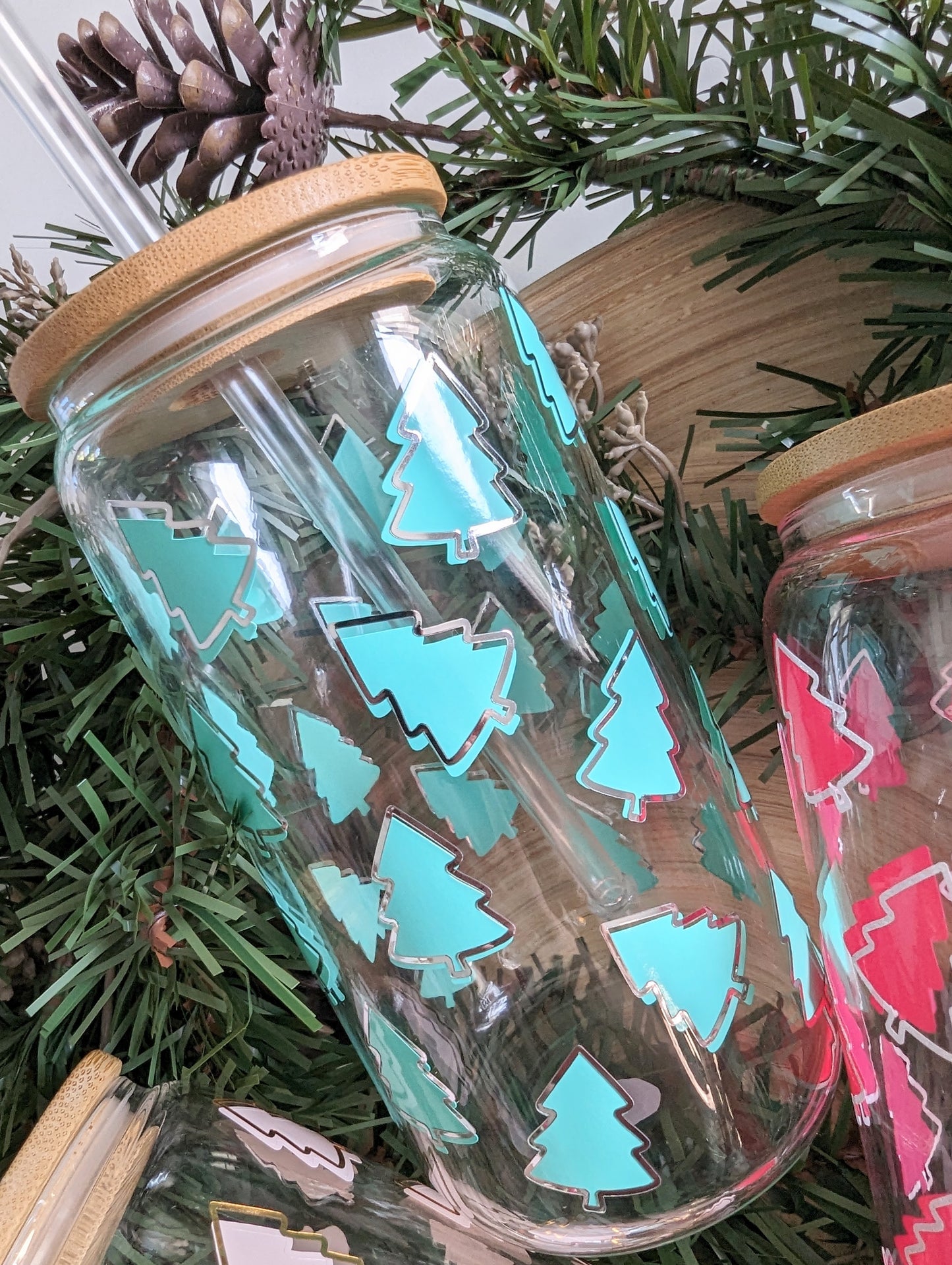 Mini Christmas Trees 16oz glass can cup or 17oz glass mug with bamboo lid & reusable straw. Pastel pink, Gold. Teal Tree. Christmas gift.