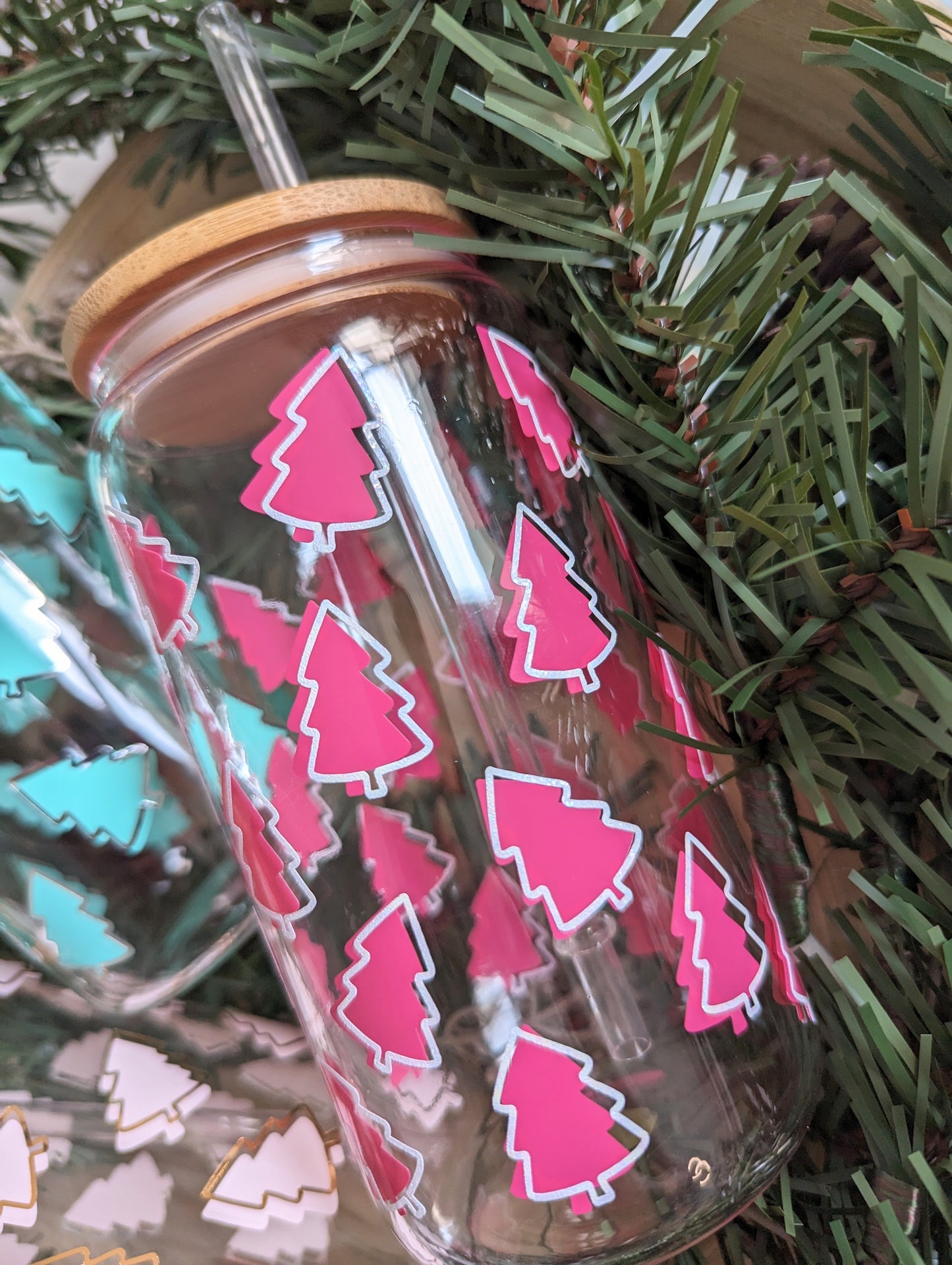 Mini Christmas Trees 16oz glass can cup or 17oz glass mug with bamboo lid & reusable straw. Pastel pink, Gold. Teal Tree. Christmas gift.