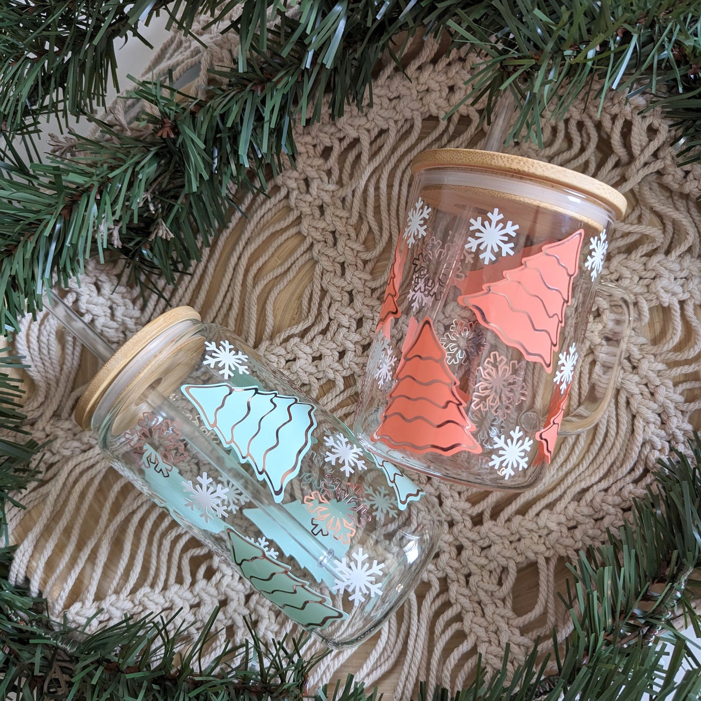Bright pastel and Rose Gold Christmas Trees 16oz glass can cup or 17oz glass mug with bamboo lid & reusable straw. Snowflake. coffee mug.