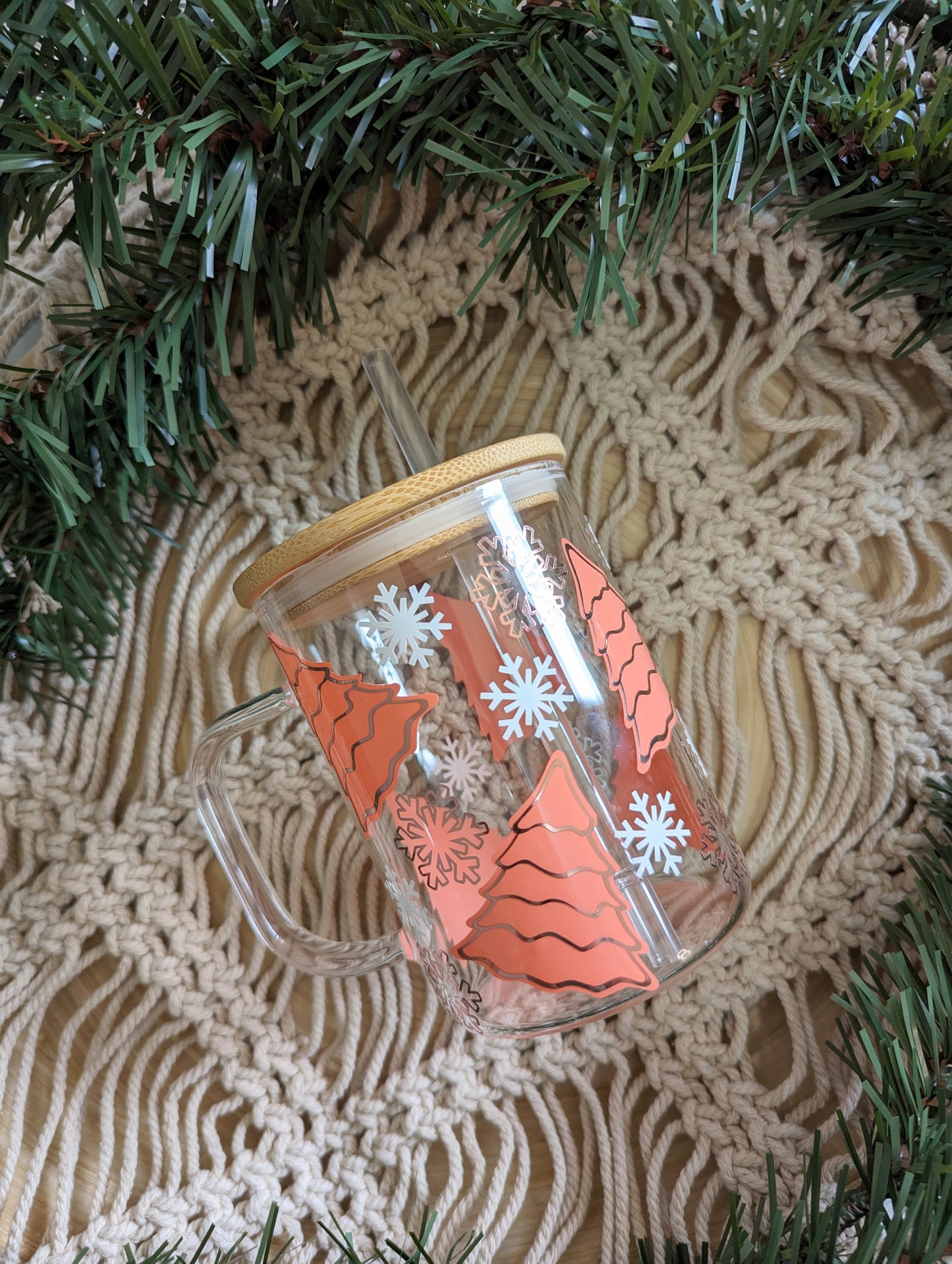 Bright pastel and Rose Gold Christmas Trees 16oz glass can cup or 17oz glass mug with bamboo lid & reusable straw. Snowflake. coffee mug.