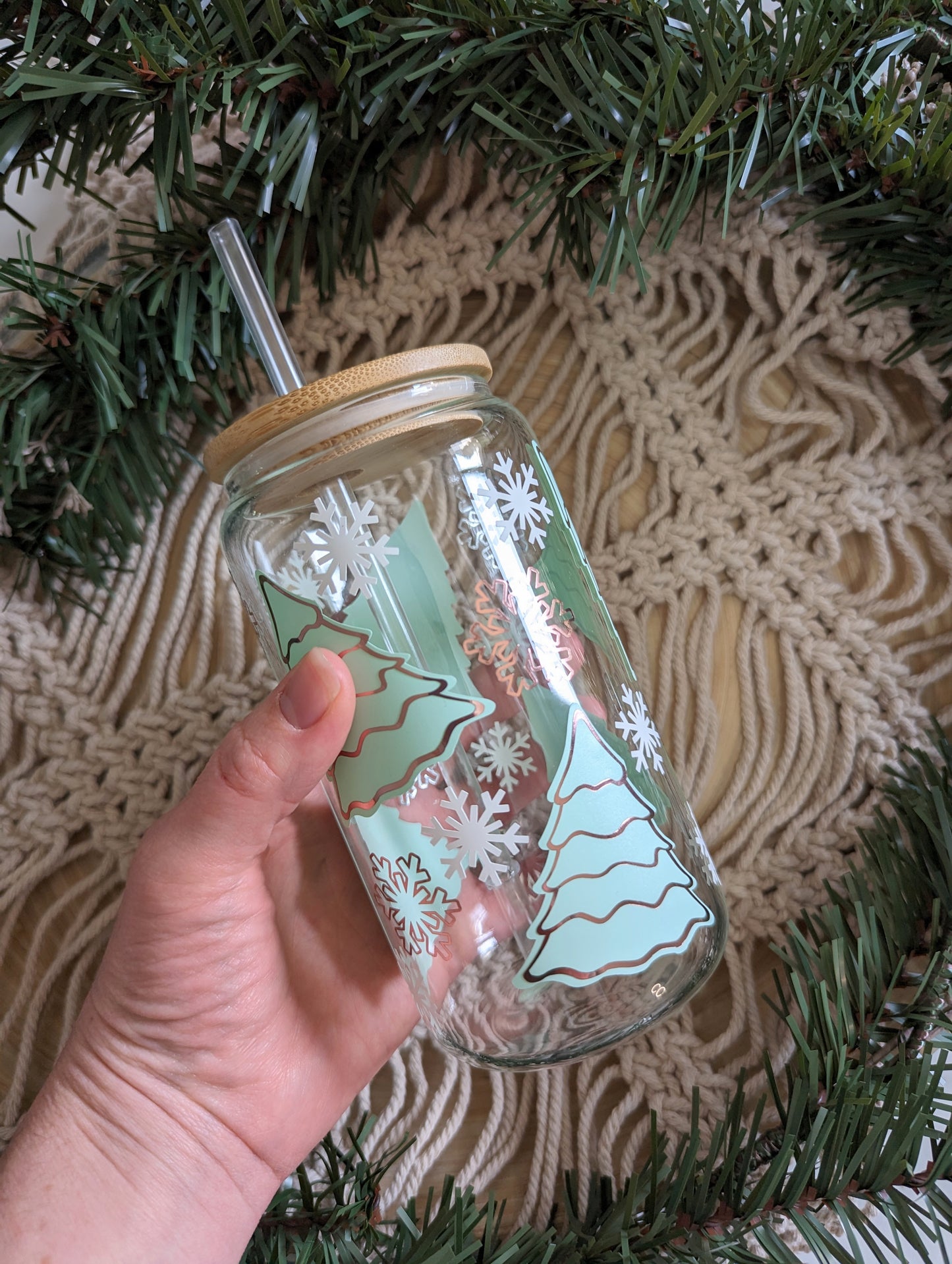 Bright pastel and Rose Gold Christmas Trees 16oz glass can cup or 17oz glass mug with bamboo lid & reusable straw. Snowflake. coffee mug.