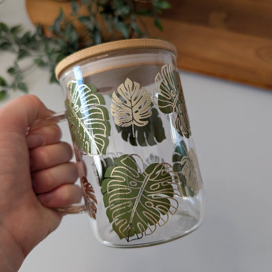 Discounted blemished glass Monstera design 17oz glass mug with bamboo lid & reusable plastic straw