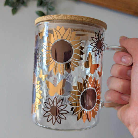 Discounted slightly damaged Golden Sunflower 17oz glass mug with bamboo lid & reusable plastic straw