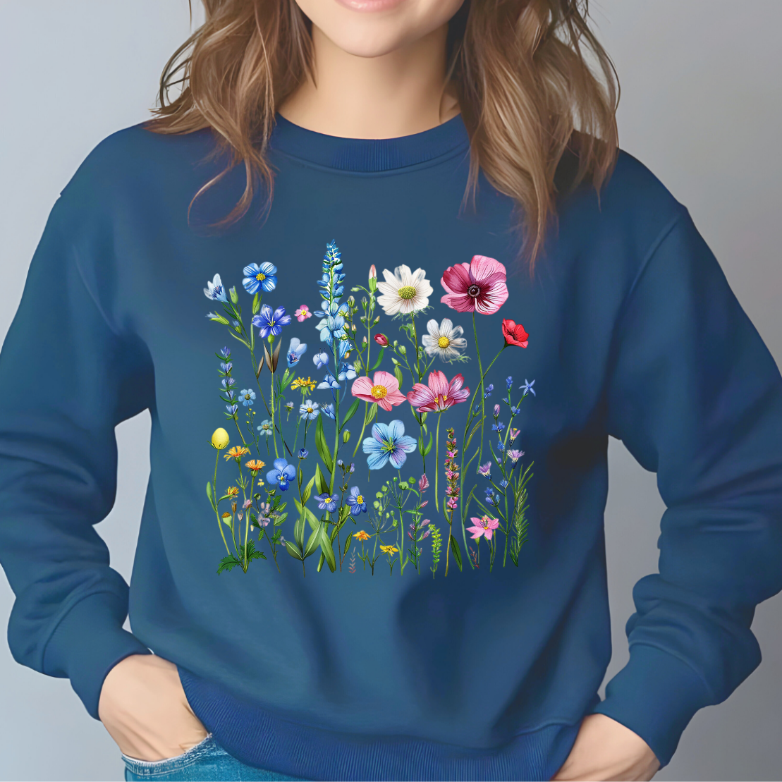 Wildflowers cute women's fleece jumper. Soft fleece women's jumper. Denim Blue or cream crewneck sweatshirt . Girly bows.