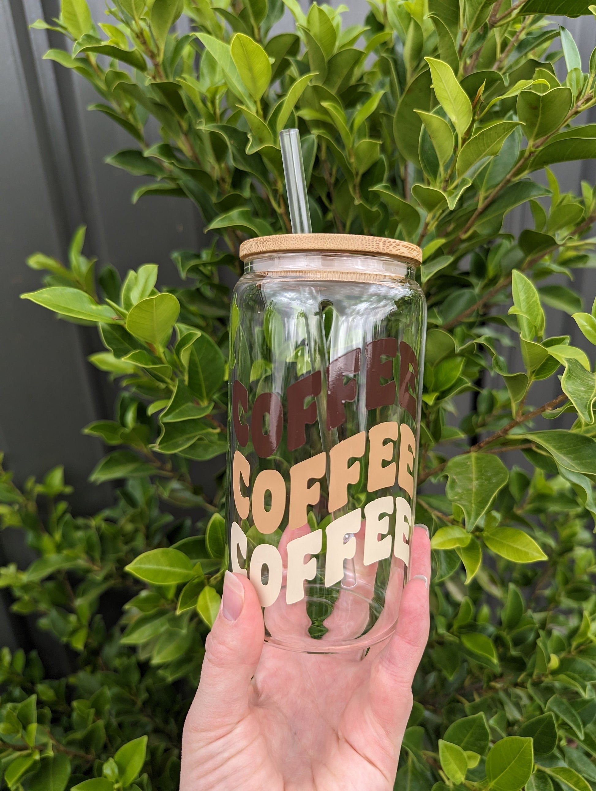 Coffee coffee coffee brown tones 16oz glass can cup or glass mug with bamboo lid & reusable straw. Coffee lovers. Vinyl mug. Neutral tones