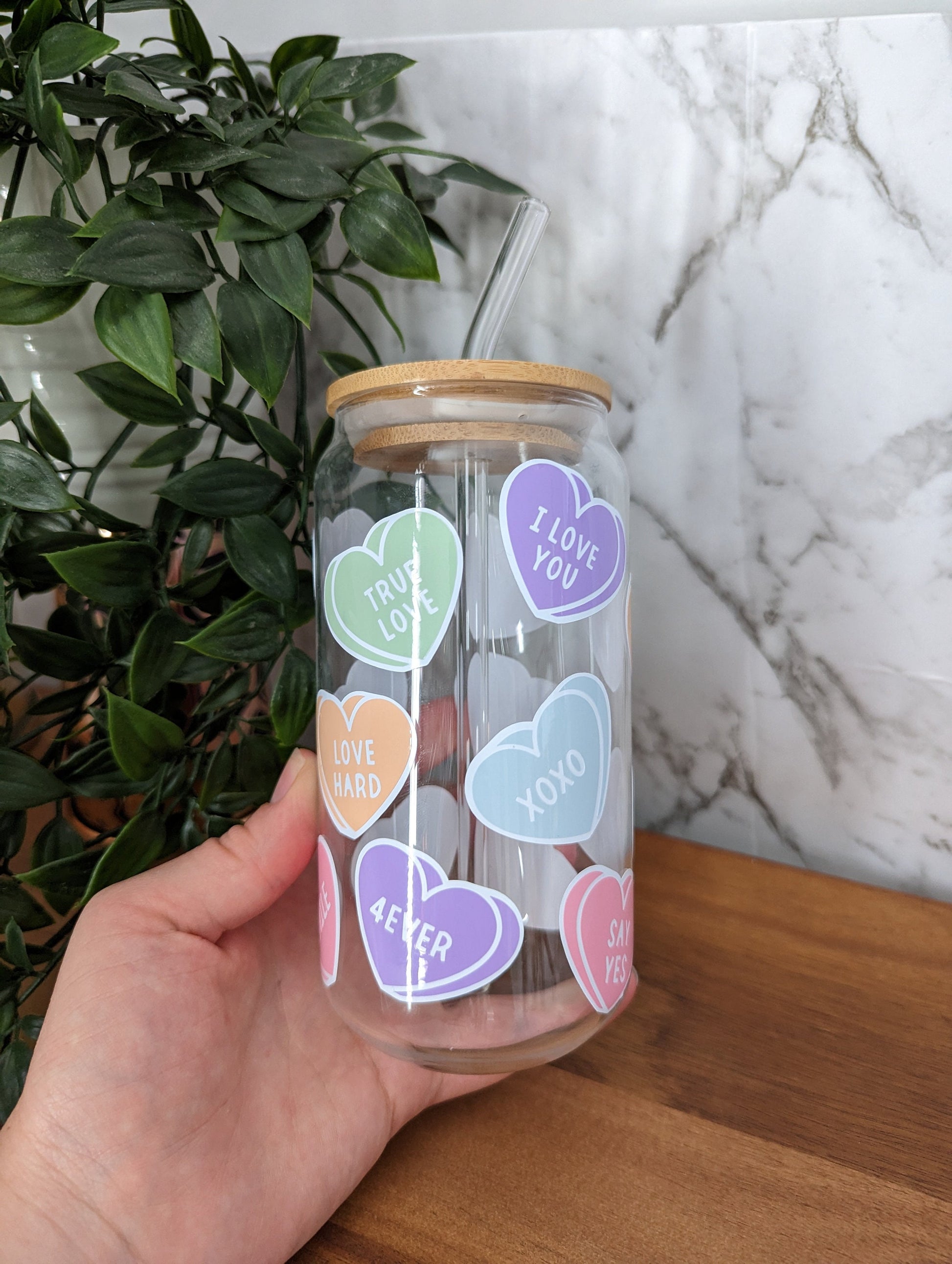 Pastel and white nice or rude heart candy 16oz glass can cup or 17oz glass mug with bamboo lid and reusable straw. Cute iced coffee cup