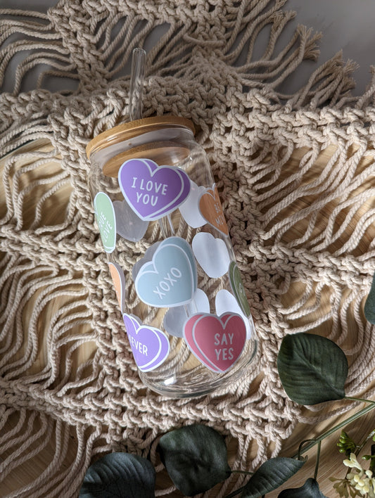 Pastel and white nice or rude heart candy 16oz glass can cup or 17oz glass mug with bamboo lid and reusable straw. Cute iced coffee cup