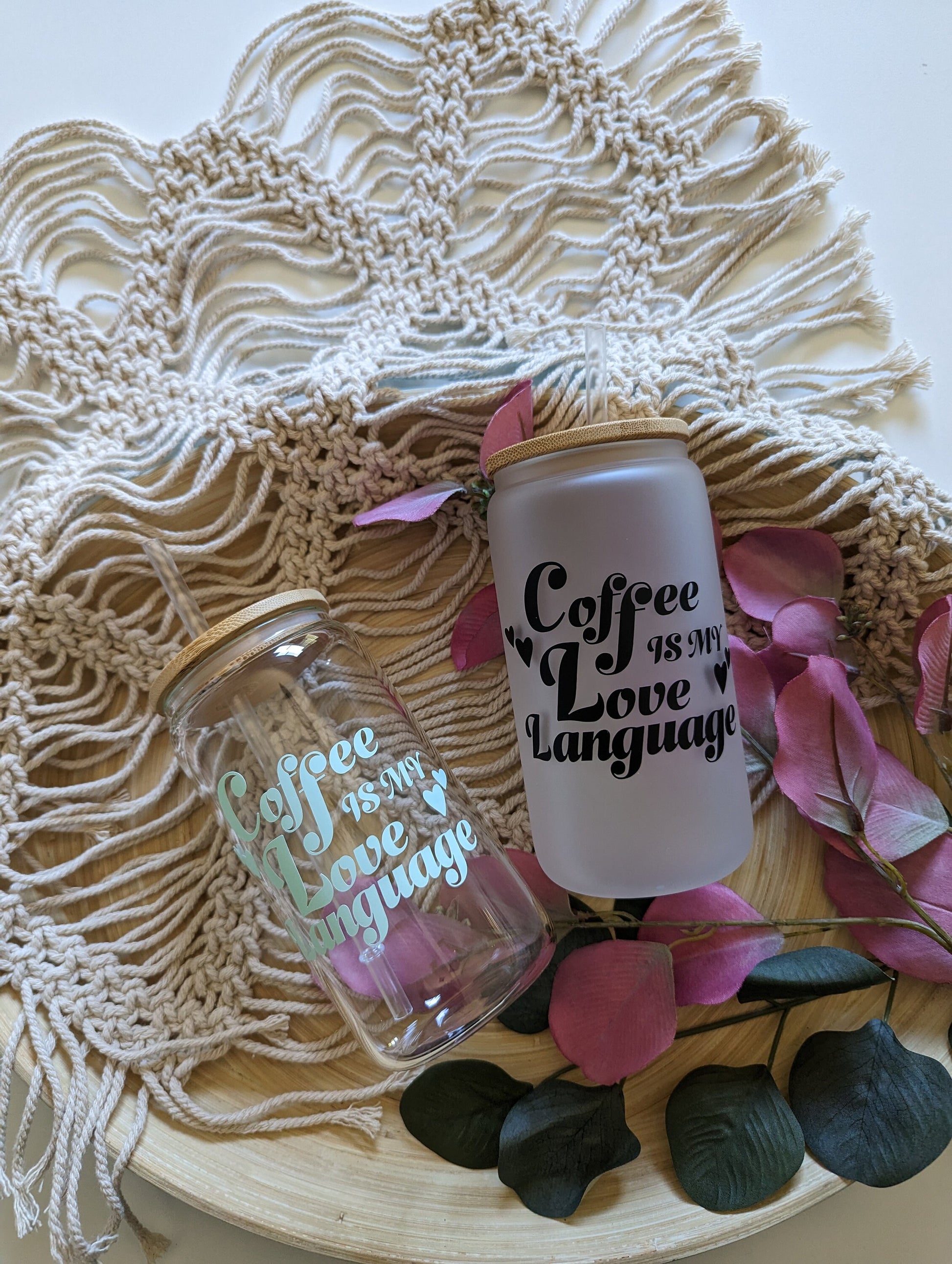 Coffee is my love language 16oz glass cup with bamboo lif & reusable straw. Cute inced coffee glass cup. Coffee lovers cup