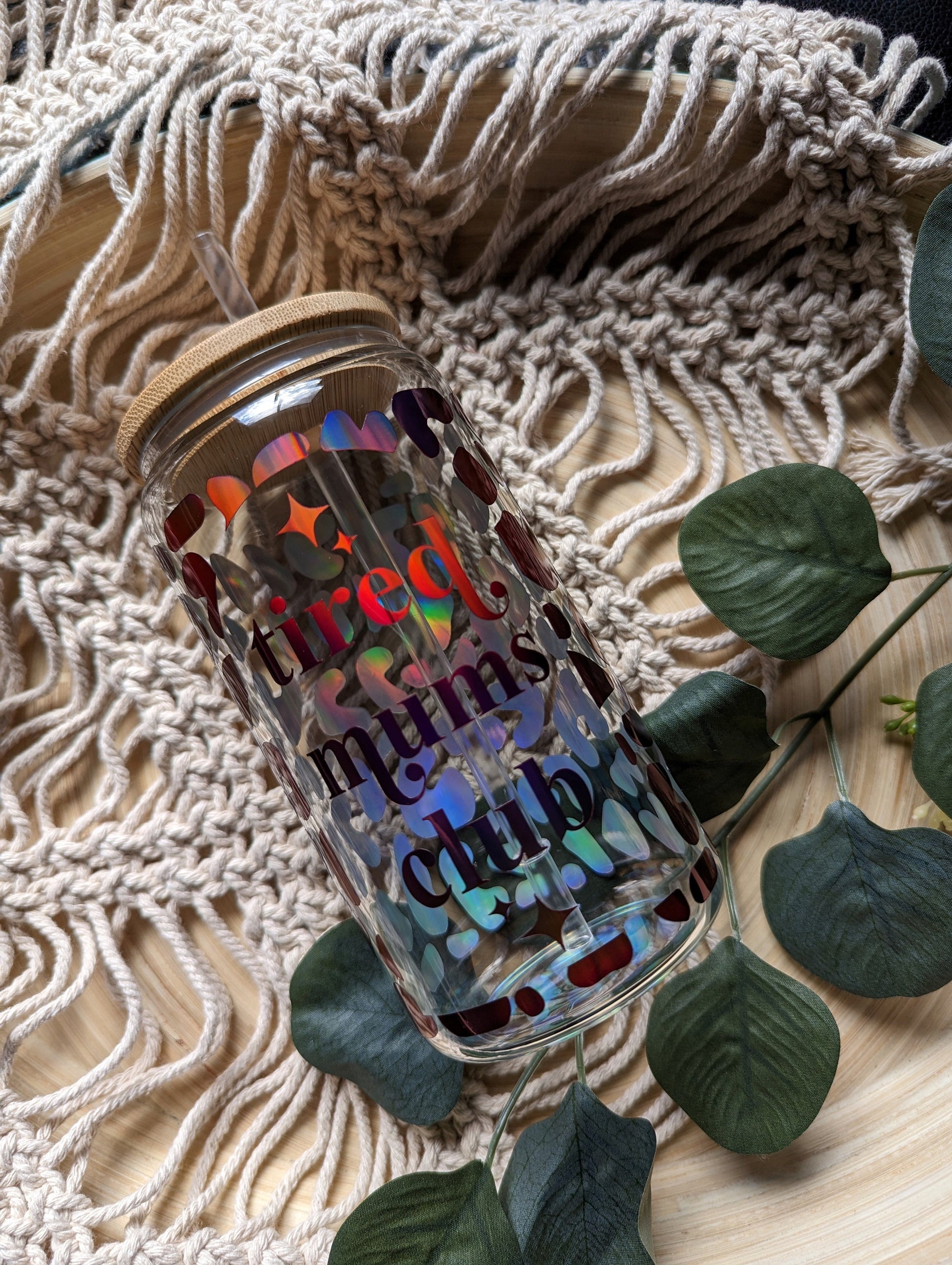 Tired mums club holographic burgundy 16oz glass cup with bamboo id & reusable straw, Iced coffee cup, cute cup. Mum's coffee cup.