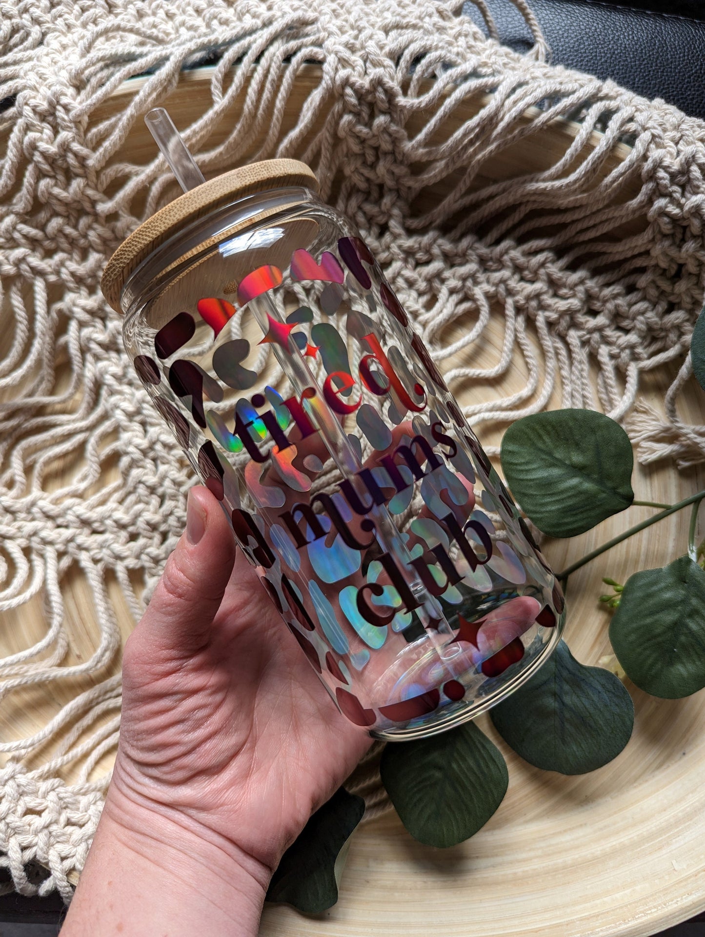 Tired mums club holographic burgundy 16oz glass cup with bamboo id & reusable straw, Iced coffee cup, cute cup. Mum's coffee cup.