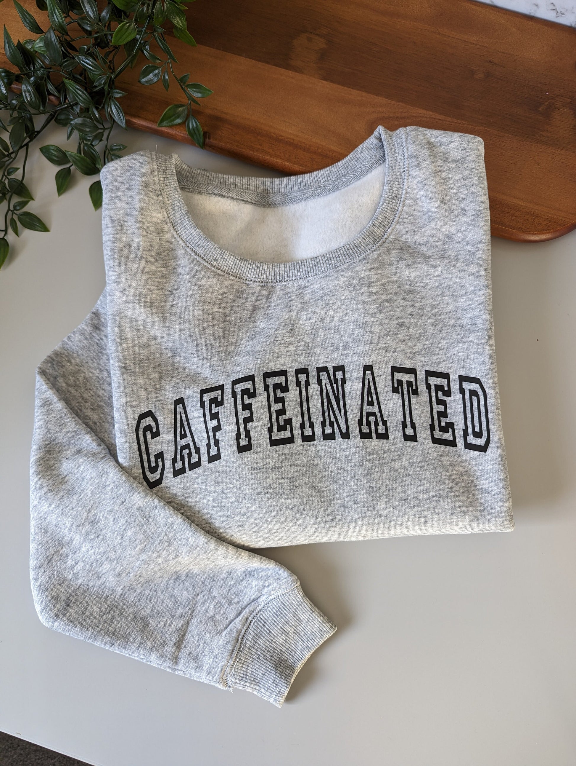 Caffeinated fleece jumper. Women's coffee lover sweatshirt. Caffeinated crewneck sweat. Grey jumper