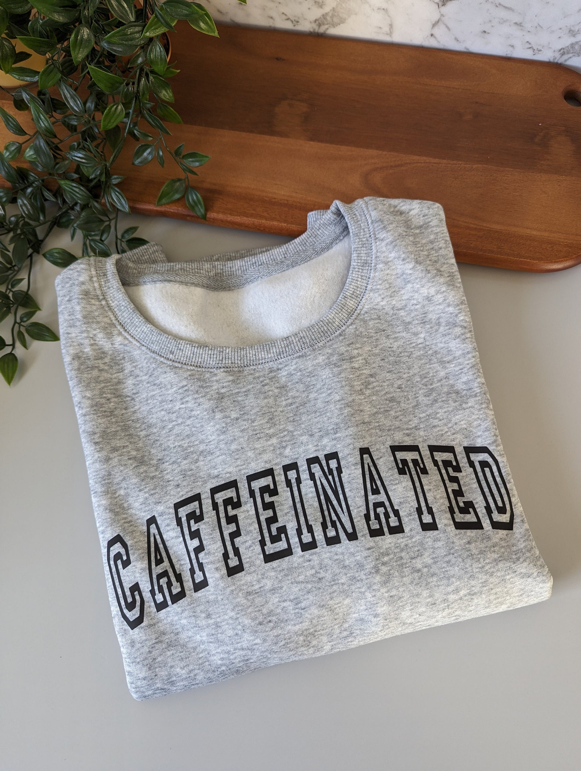 Caffeinated fleece jumper. Women's coffee lover sweatshirt. Caffeinated crewneck sweat. Grey jumper