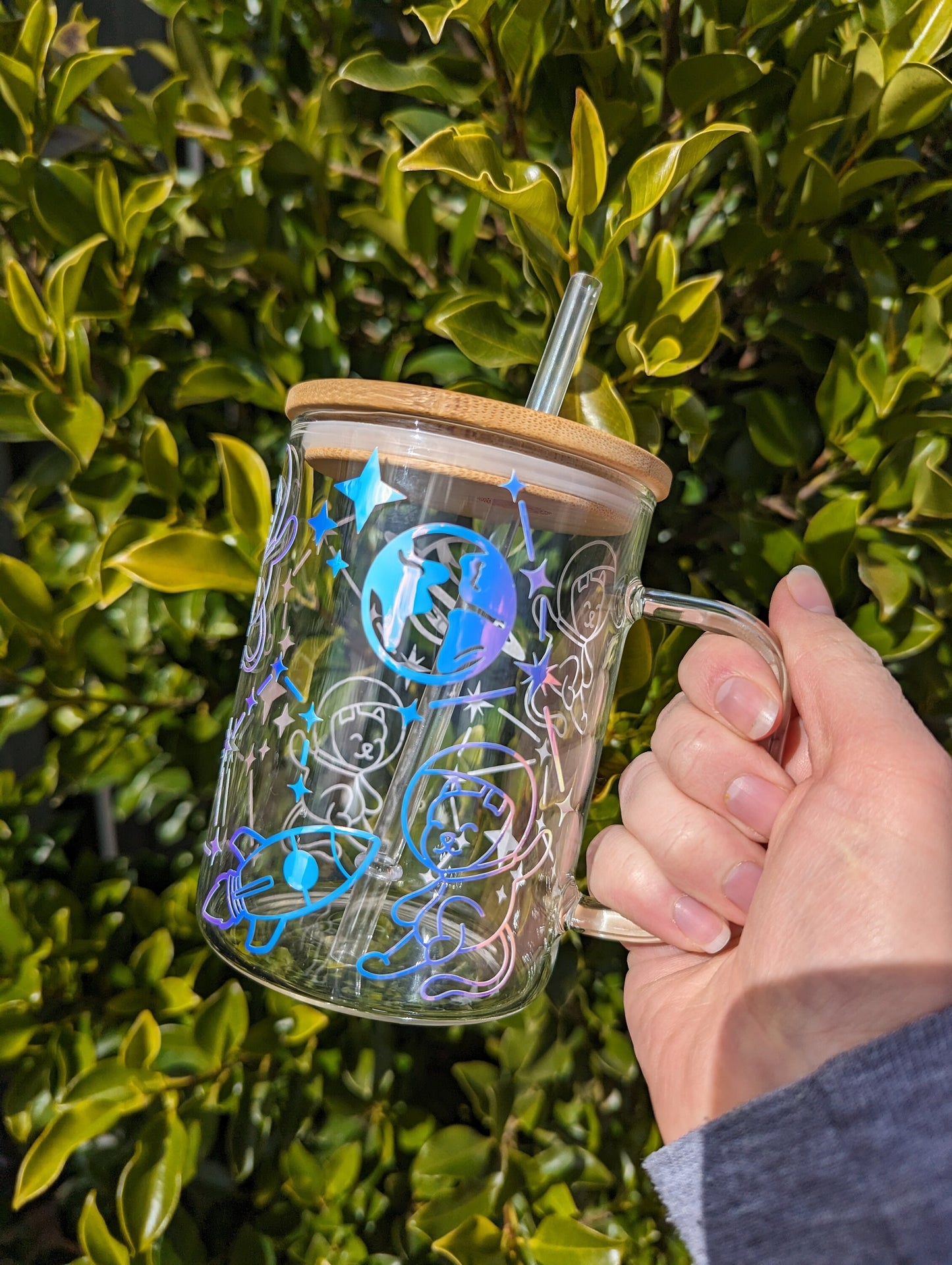 Holographic Interstellar Kitty Design 17oz Glass Mug or 16oz Glass Can Cup with Bamboo Lid & Reusable Plastic Straw