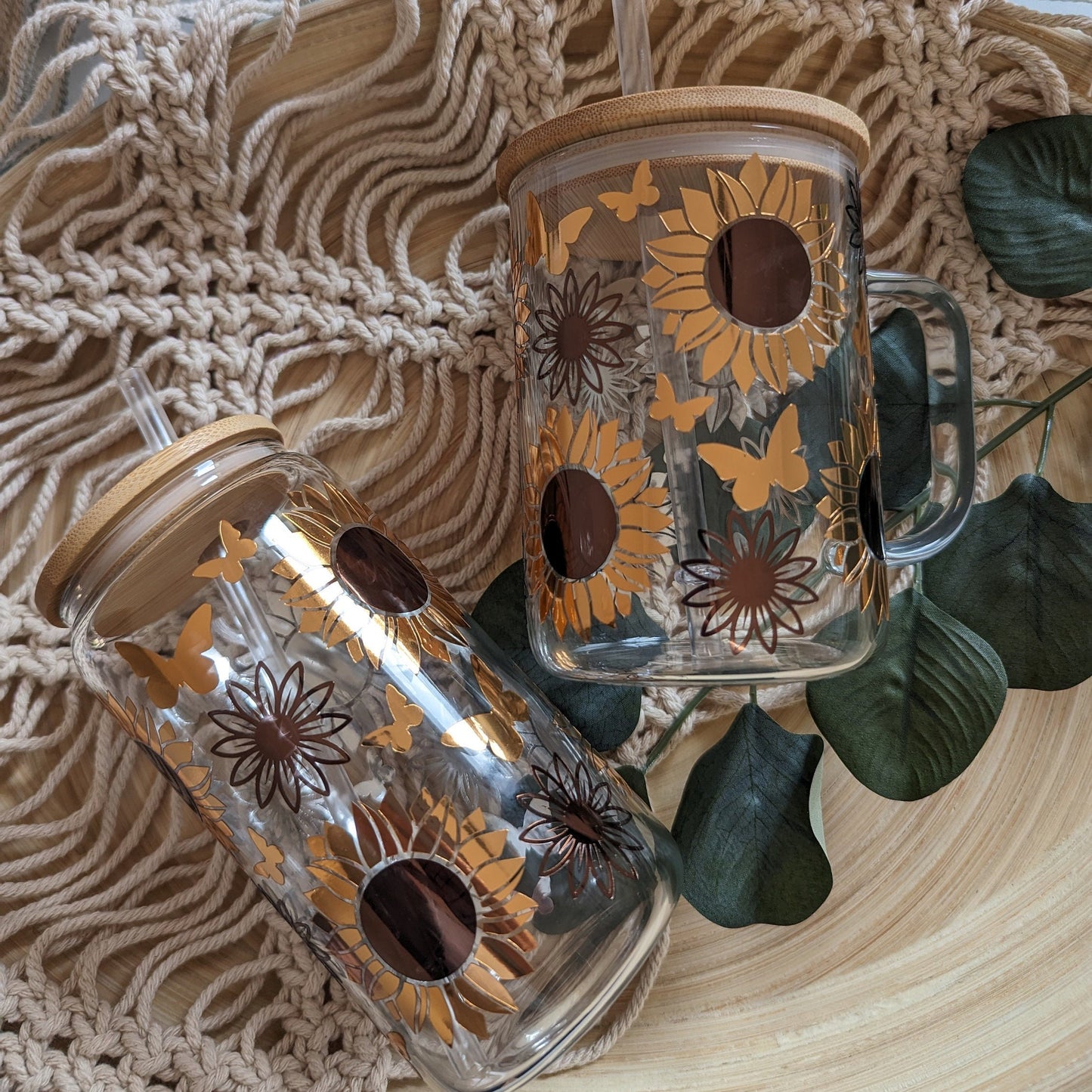 Golden Sunflower 16oz glass can cup or 17oz glass mug with bamboo lid & reusable plastic straw. Coffee mug. Iced coffee. Sunflower. Metallic