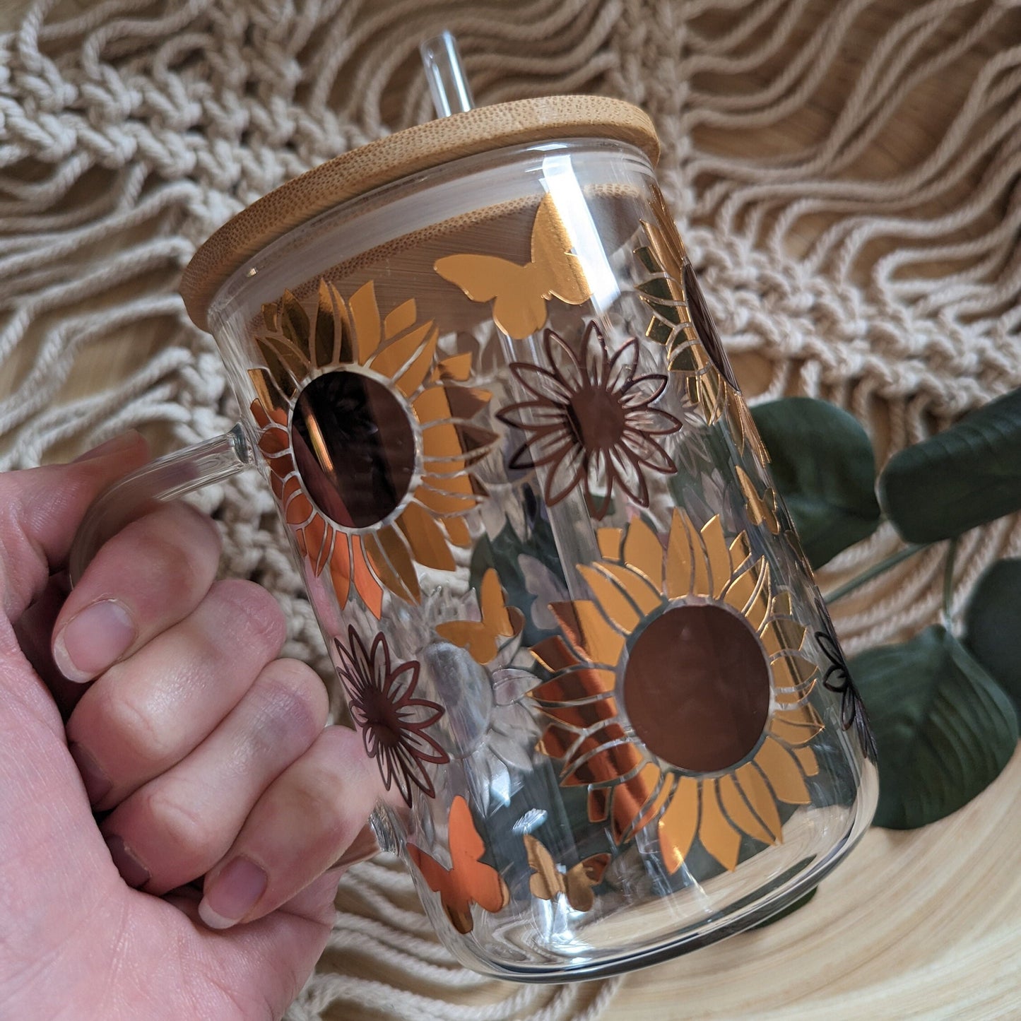 Golden Sunflower 16oz glass can cup or 17oz glass mug with bamboo lid & reusable plastic straw. Coffee mug. Iced coffee. Sunflower. Metallic