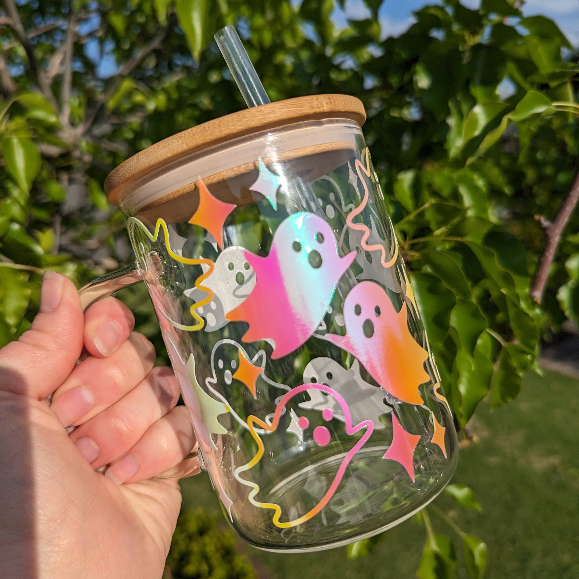 Spooky Ghosts Glow in the Dark 17oz Glass Mug or 16oz Glass Can Cup with Bamboo Lid & Reusable Straw. Halloween. Coffee mug. Iced coffee