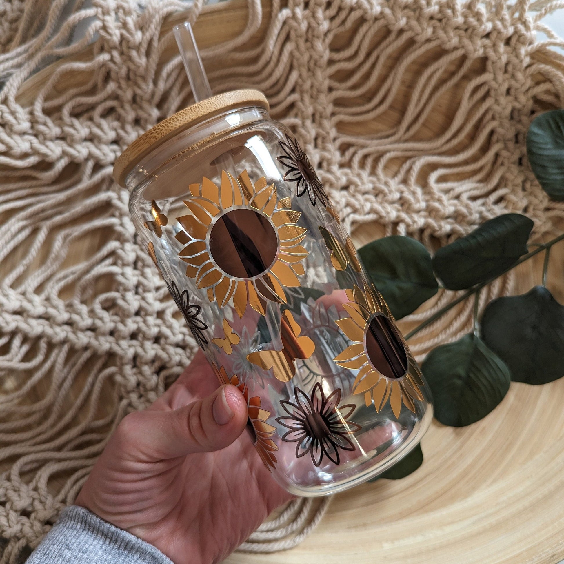 Golden Sunflower 16oz glass can cup or 17oz glass mug with bamboo lid & reusable plastic straw. Coffee mug. Iced coffee. Sunflower. Metallic