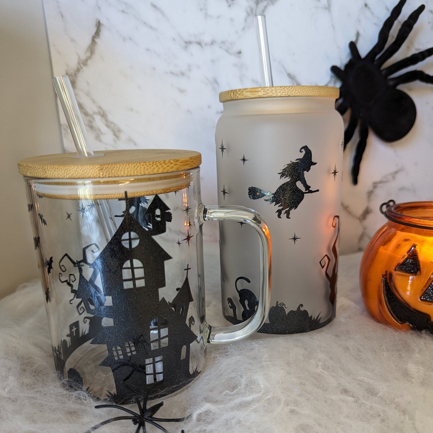 Witches home Halloween glittery 15oz glass mug or 16oz glass can cup with bamboo lid & reusable straw. Witches garden. Glitter. Coffee mug