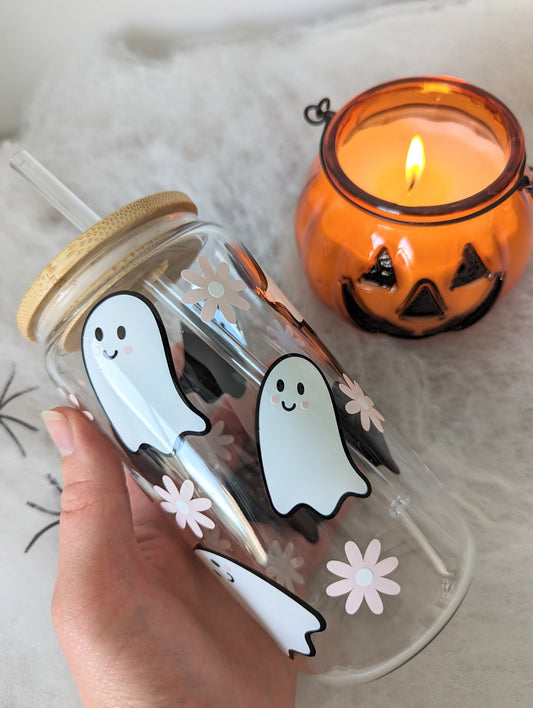 Pretty ghosts halloween 15oz glass mug or 16oz glass can cup with bamboo lid & reusable straw. Coffee cup. Iced coffee. cute. Pink flower.