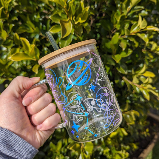 Holographic Interstellar Kitty Design 17oz Glass Mug or 16oz Glass Can Cup with Bamboo Lid & Reusable Plastic Straw